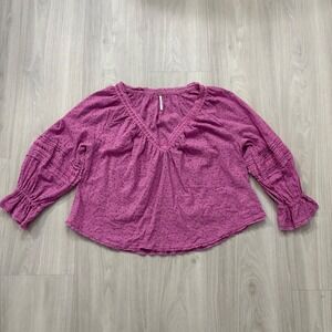Free People Blouse Women Magenta Eyelet V-Neck Balloon Sleeve Boho Blouse Medium